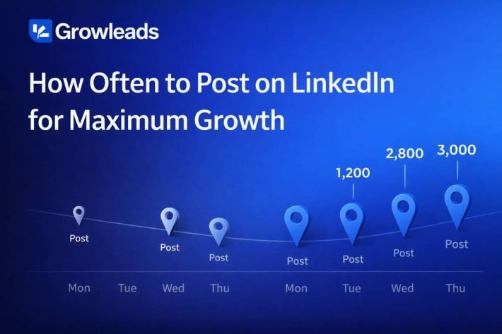 How often to post on LinkedIn for maximum growth visual showing consistent posting increasing impressions with data graph and timeline