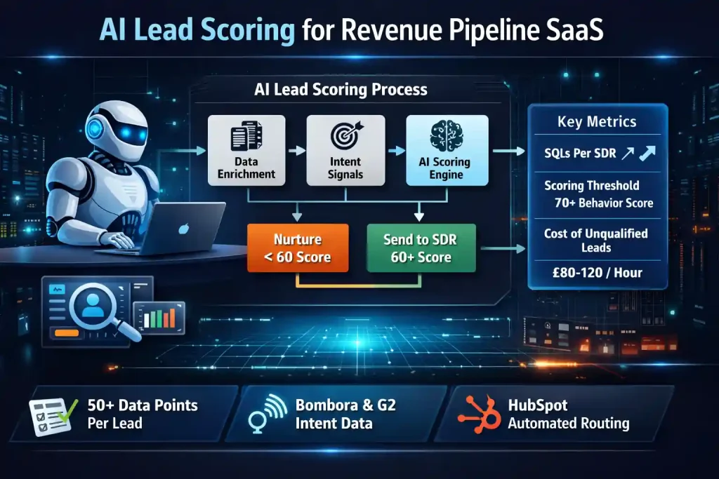 AI lead scoring for revenue pipeline SaaS with data enrichment, intent data, scoring thresholds, and automated SDR routing for qualified leads.