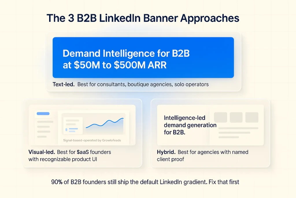 Cream glassmorphic triptych showing three banner styles: text-led banner with a one-line positioning statement, visual-led banner with product mockup, hybrid banner with positioning plus a small logo lockup, each labeled with ideal use case and brand blue accent lines