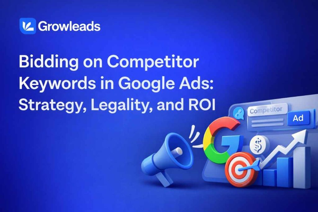 Google Ads competitor keyword bidding strategy visual with targeting icon, ad interface, and ROI growth chart in blue theme