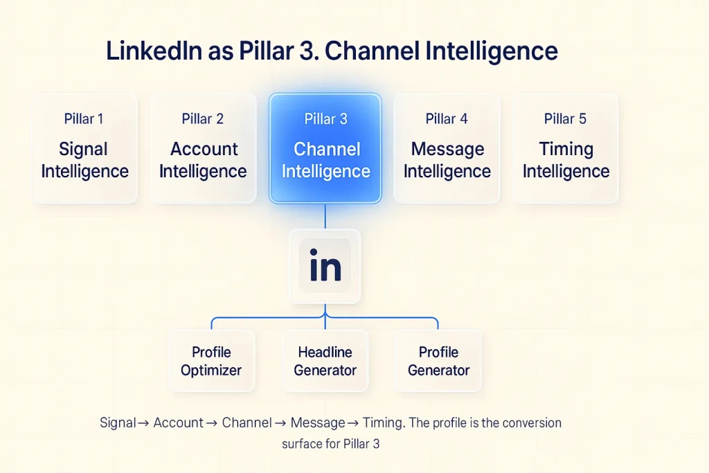 Cream glassmorphic diagram showing the 5 pillars of the Growleads Demand Intelligence Framework arranged in a circle with Pillar 3 Channel Intelligence highlighted in brand blue and a line connecting it to a LinkedIn profile icon surrounded by the 4 Growleads tools