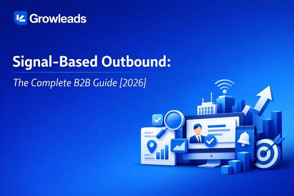 Signal-Based Outbound blog cover by Growleads featuring blue gradient background, Growleads logo, and 3D B2B outbound marketing graphics with analytics, targeting, and growth elements.