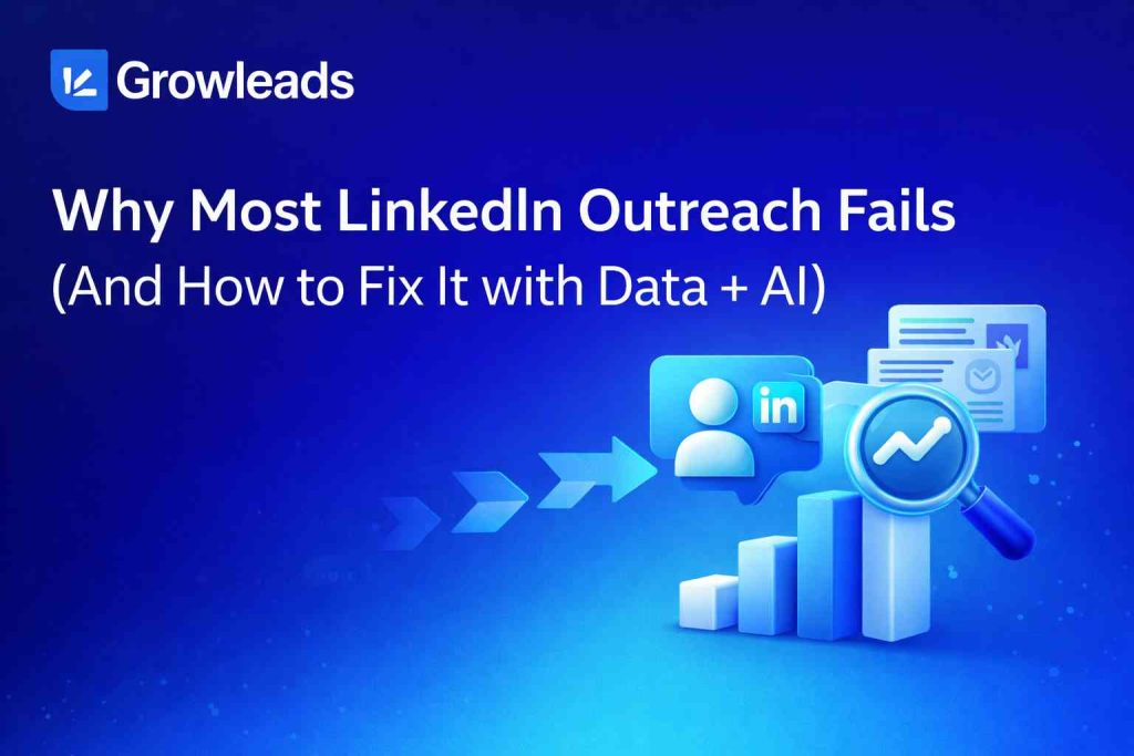 Growleads blog cover showing “Why Most LinkedIn Outreach Fails (And How to Fix It with Data + AI)” with blue gradient background and 3D LinkedIn analytics graphics symbolizing data-driven outreach optimization.