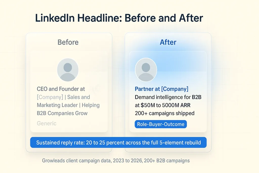 Glassmorphic side-by-side cards on cream background showing a generic CEO headline on the left in muted grey and a 3-part role-buyer-outcome headline on the right in brand blue, with a sustained reply rate callout of 20 to 25 percent across the full 5-element rebuild