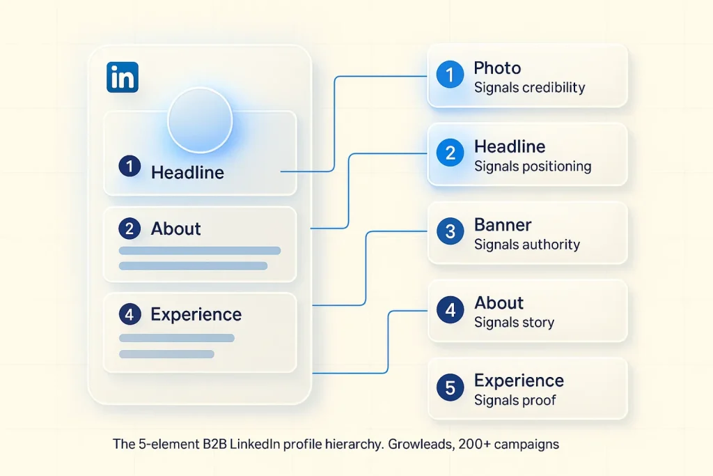 Warm cream glassmorphic diagram showing a vertical LinkedIn profile mockup with five numbered element cards alongside: Photo, Headline, Banner, About, Experience, each labeled with a signal category in brand blue 