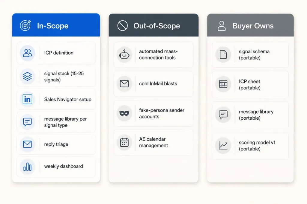 Three-column visual grid showing what Growleads delivers (ICP, signal stack, Sales Nav, sequences, triage), what is out-of-scope (mass tools, InMail blasts, fake personas, calendar management), and what the buyer owns (signal schema, ICP sheet, message library, scoring model)