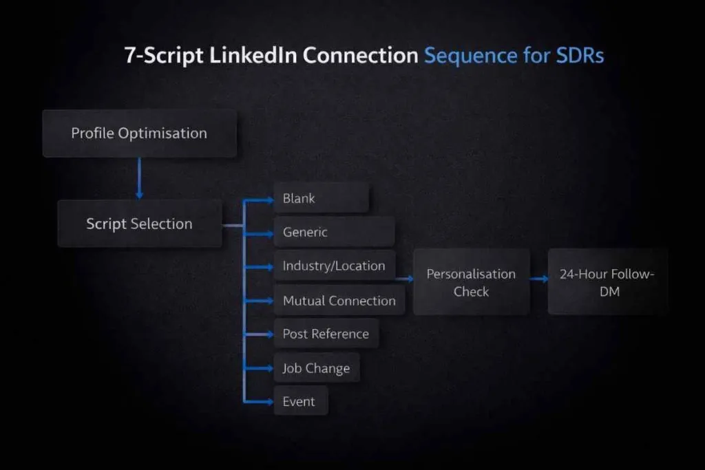 SDR outreach workflow diagram showing best LinkedIn connection scripts sequence from profile optimisation to follow-up DM