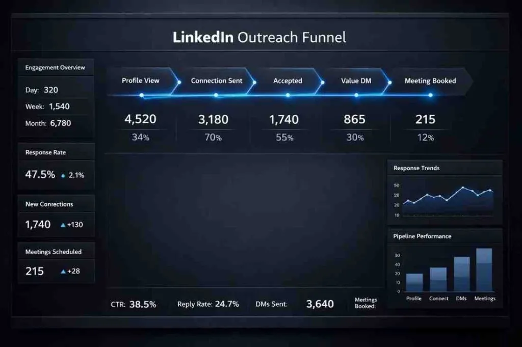 LinkedIn outreach funnel dashboard showing stages of non-spammy LinkedIn lead gen from profile view to meeting booked
