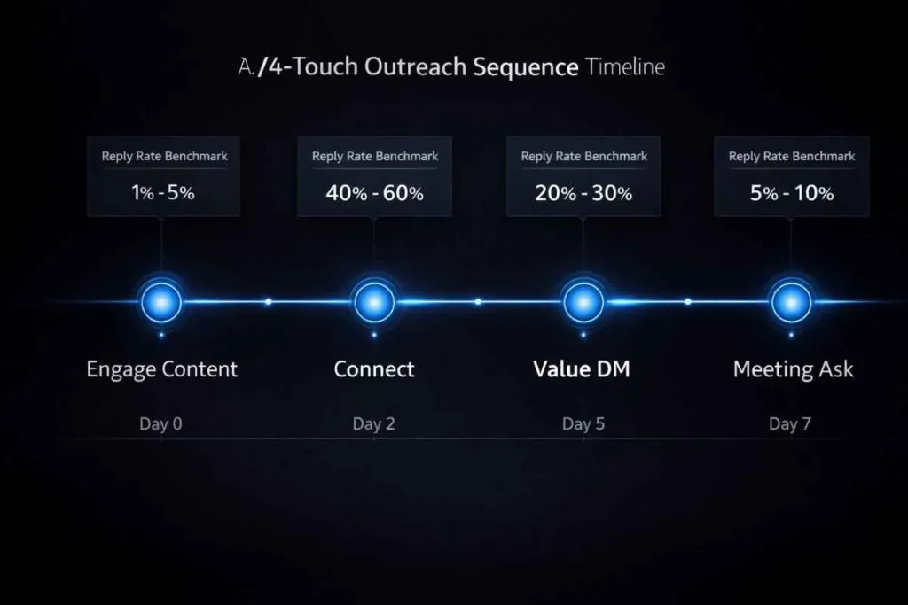Four-touch outreach sequence timeline for non-spammy LinkedIn lead gen with reply rate benchmarks at each stage