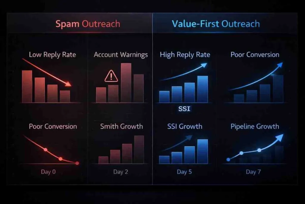 Comparison chart of spam versus value-first approaches to non-spammy LinkedIn lead gen showing performance metrics